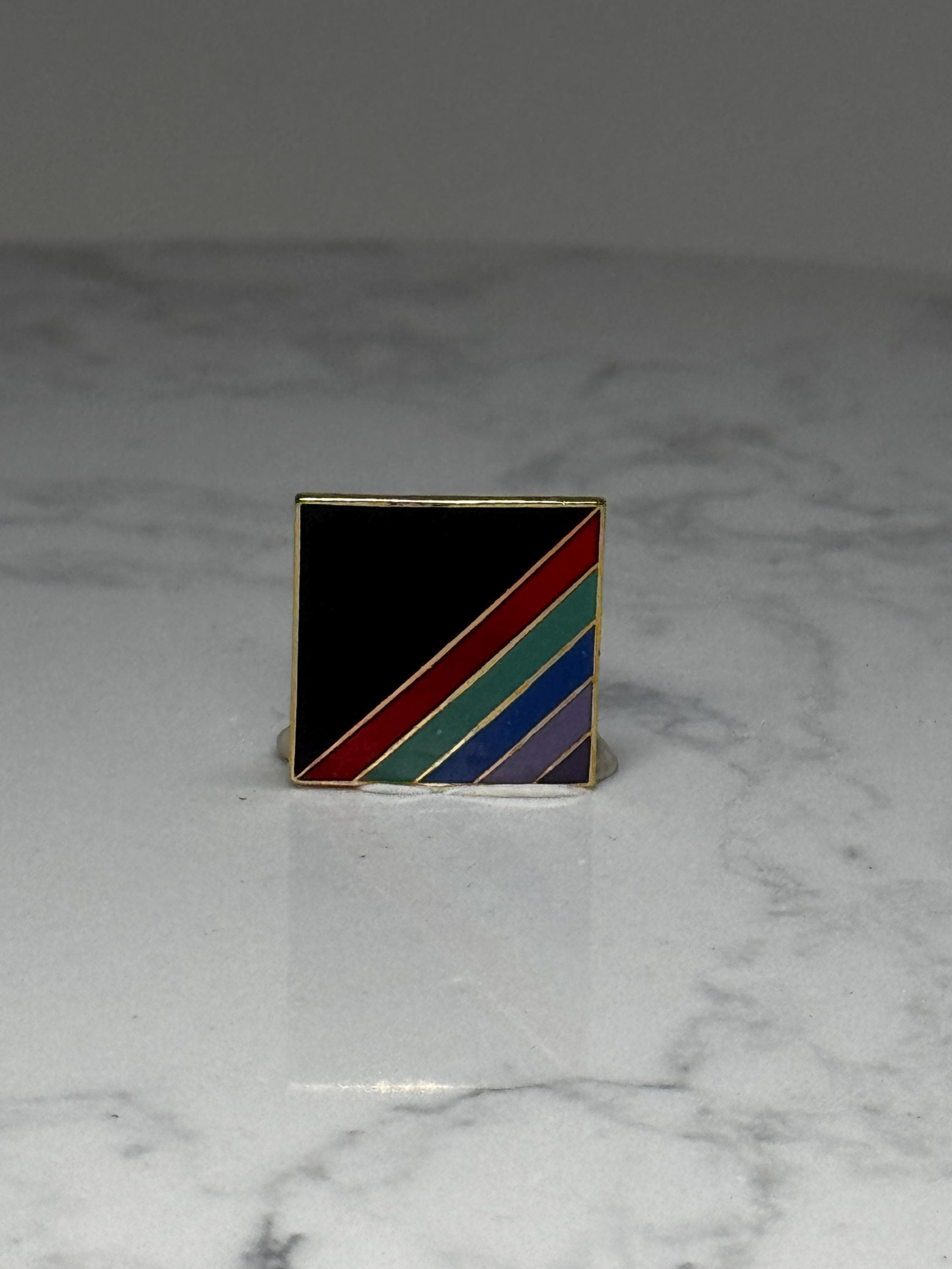 Geometric Stripe Enamel Pin: Black & Rainbow Diagonal - Retro Accessory