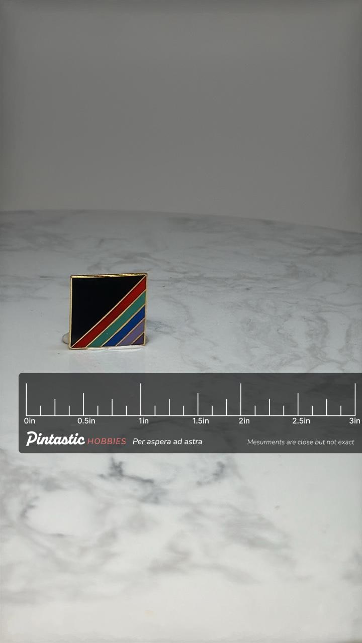Geometric Stripe Enamel Pin: Black & Rainbow Diagonal - Retro Accessory with ruler overlay for size reference