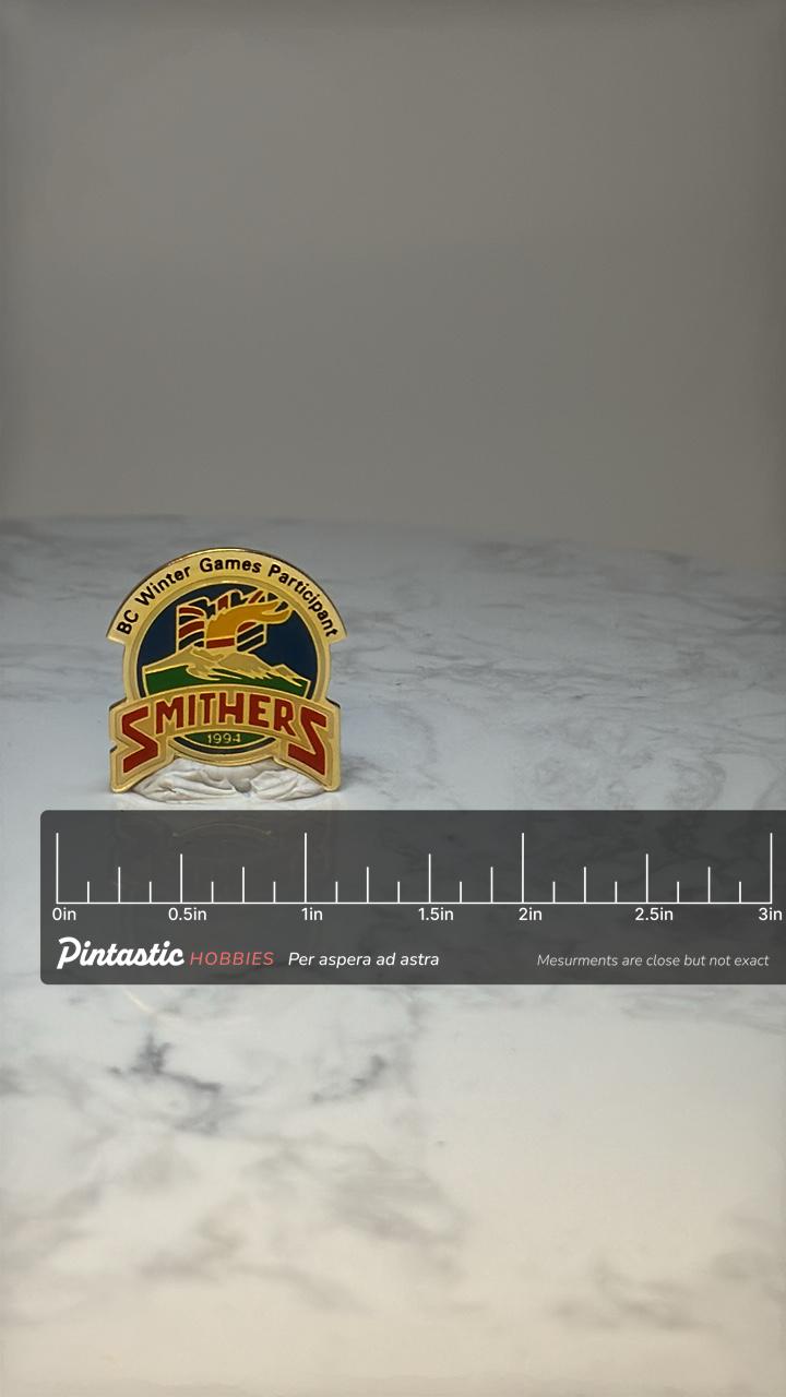 BC Winter Games Pin: Smithers 1994 Gold Enamel - Sports Souvenir with ruler overlay for size reference