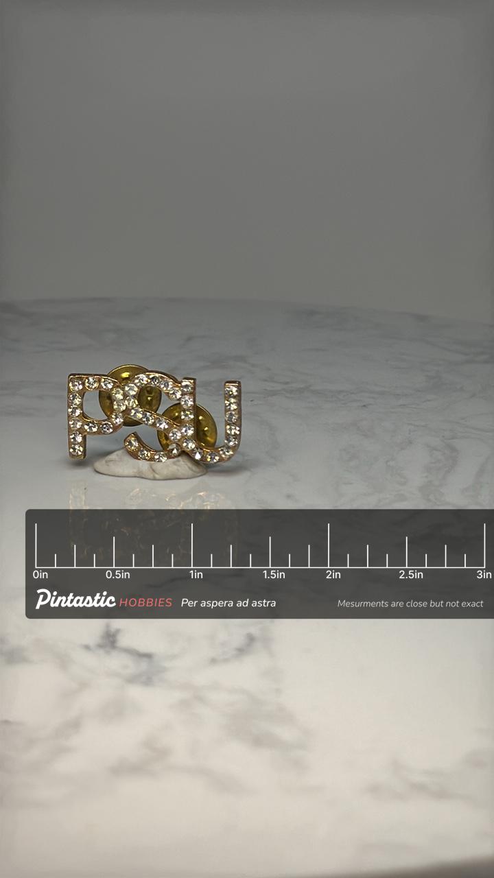 PSU Letter Rhinestone Pin: Gold Tone - College Spirit Accessory with ruler overlay for size reference