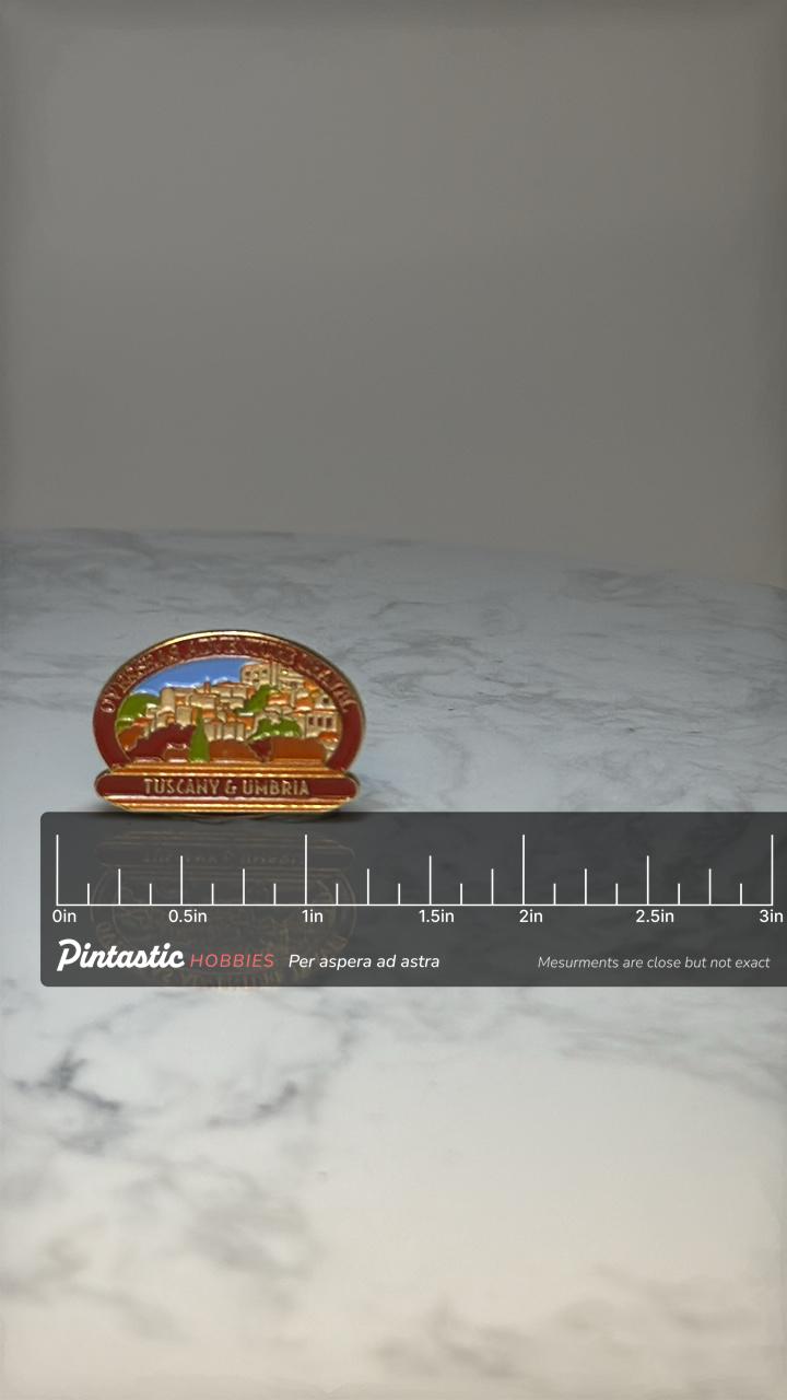 Tuscany & Umbria Travel Pin: Gold Tone Enamel - Italy Souvenir with ruler overlay for size reference