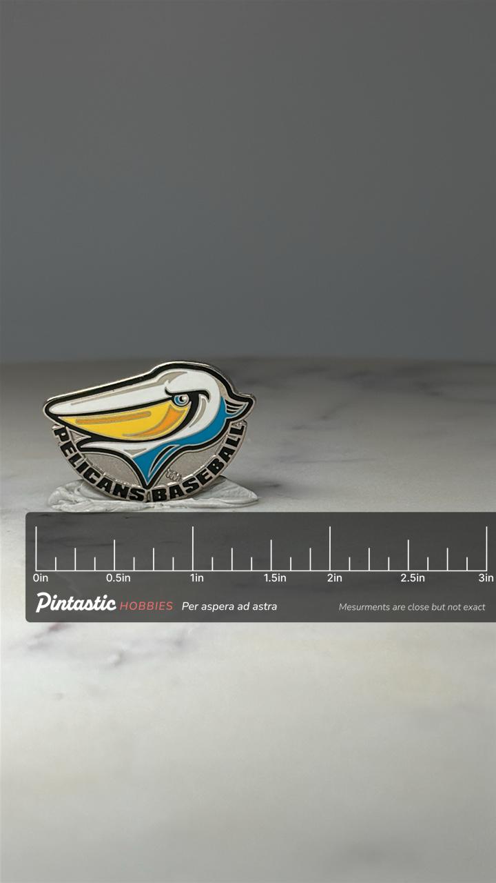 Myrtle Beach Pelicans Pin Minor League Baseball Team Logo Lapel Pin with ruler overlay for size reference