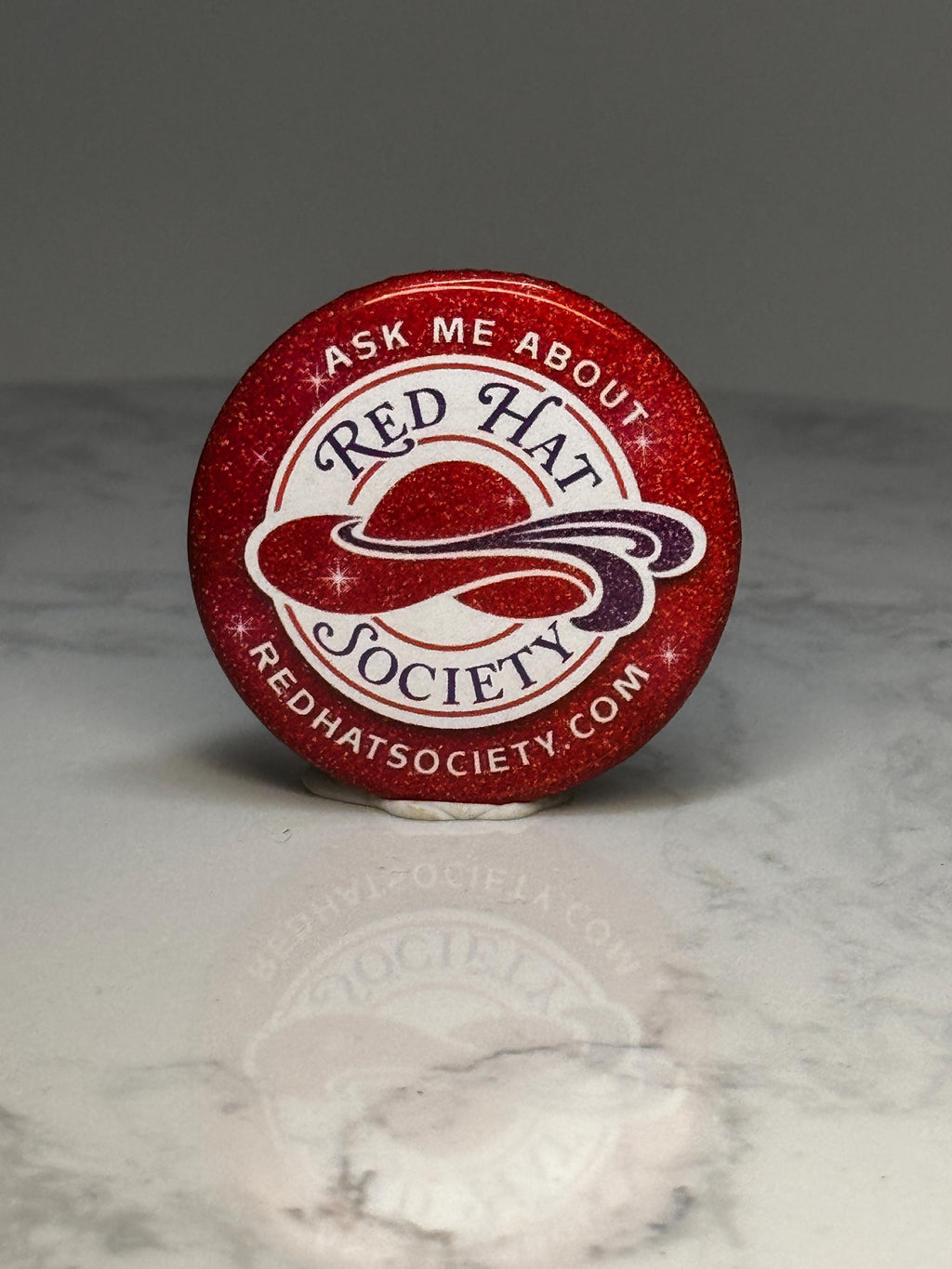 Red Hat Society Button Pin: Red Glitter - Club Organization Accessory