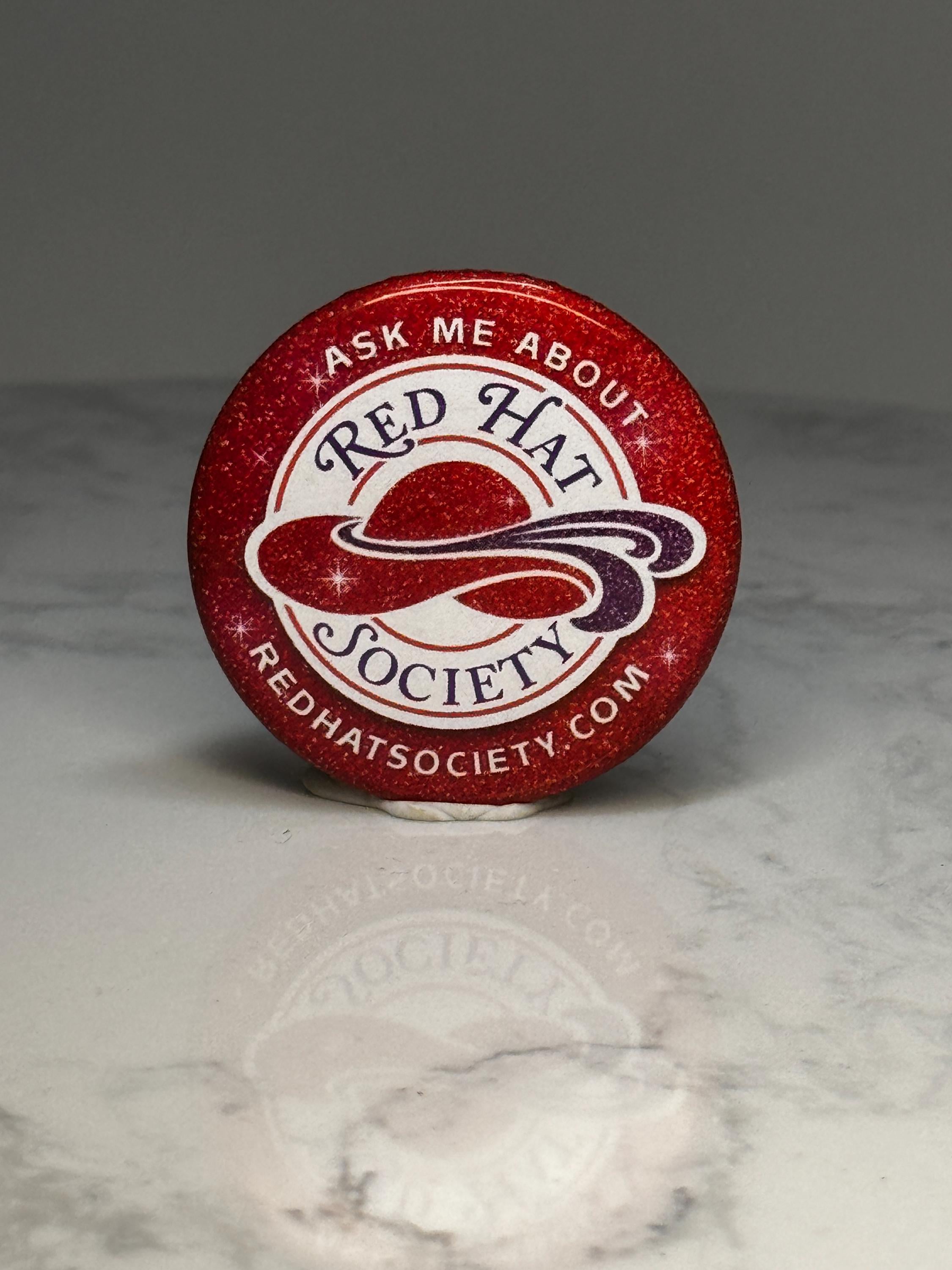Red Hat Society Button Pin: Red Glitter - Club Organization Accessory