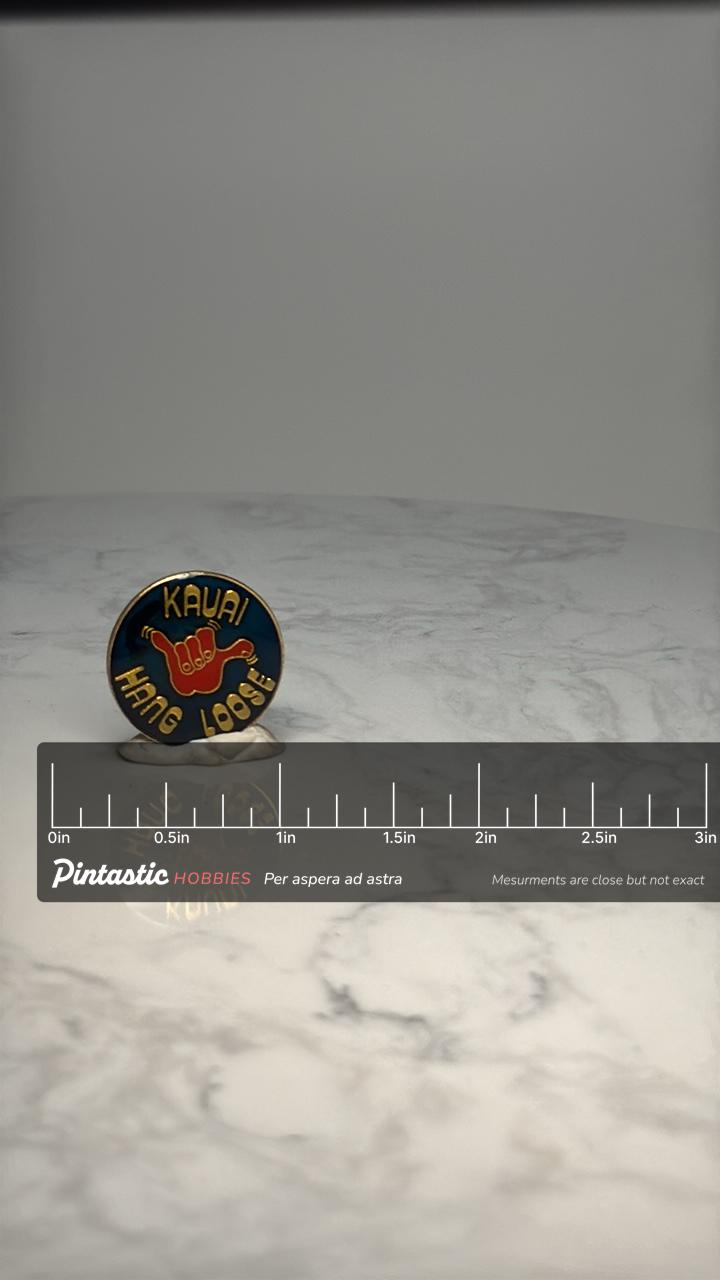 Kauai Hawaii Souvenir Pin: Blue Enamel Shaka - Island Travel Accessory with ruler overlay for size reference