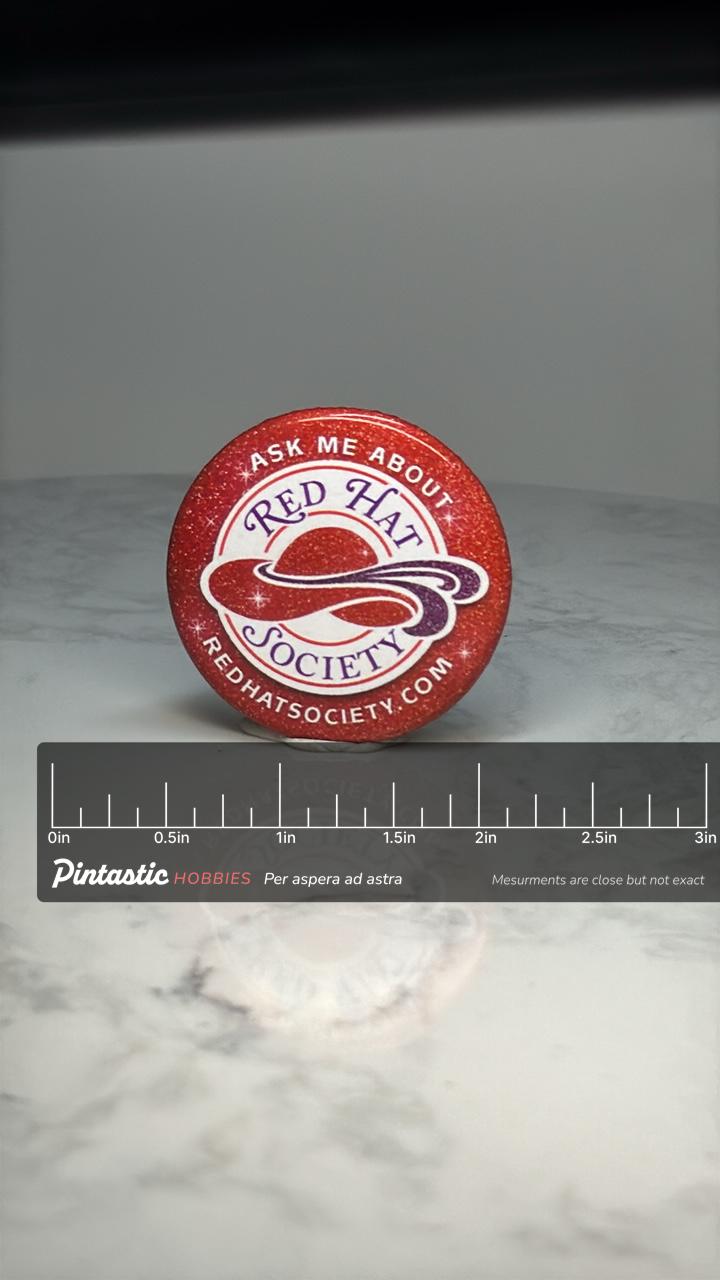 Red Hat Society Button Pin: Red Glitter - Club Organization Accessory with ruler overlay for size reference