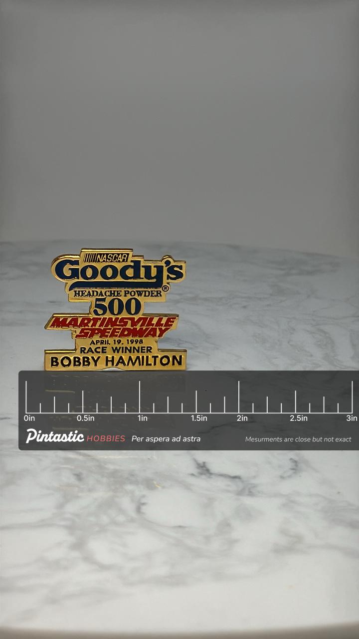 NASCAR Goody's 500 Pin: Gold Tone Enamel - 1998 Race Winner with ruler overlay for size reference