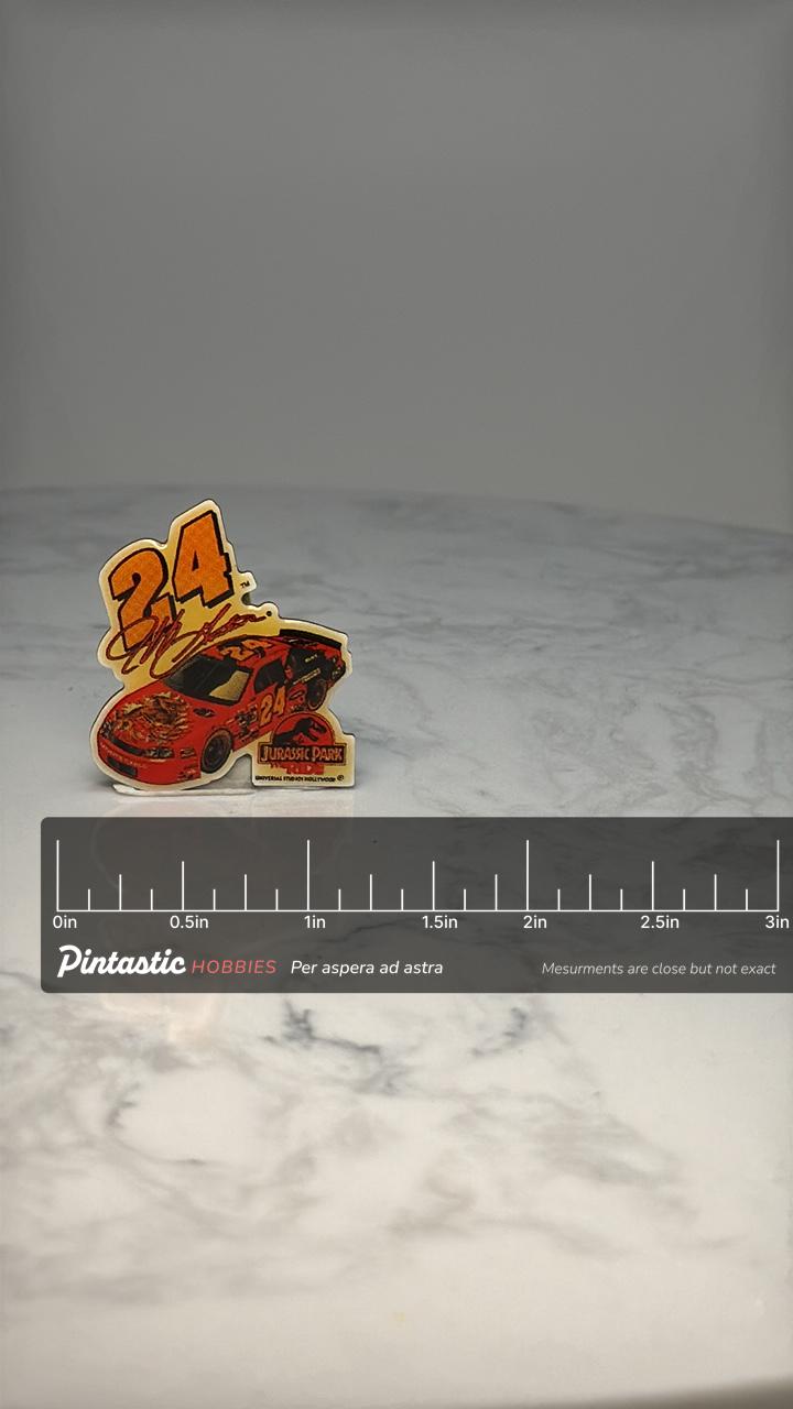 Jeff Gordon 24 NASCAR Pin: Red Jurassic Park Car - 1990s Racing with ruler overlay for size reference