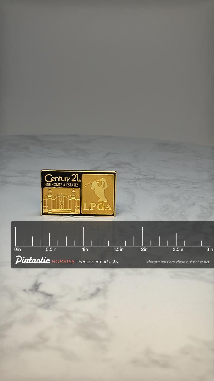 Century 21 LPGA Enamel Pin: Black & Gold - Golf Realty Promo with ruler overlay for size reference