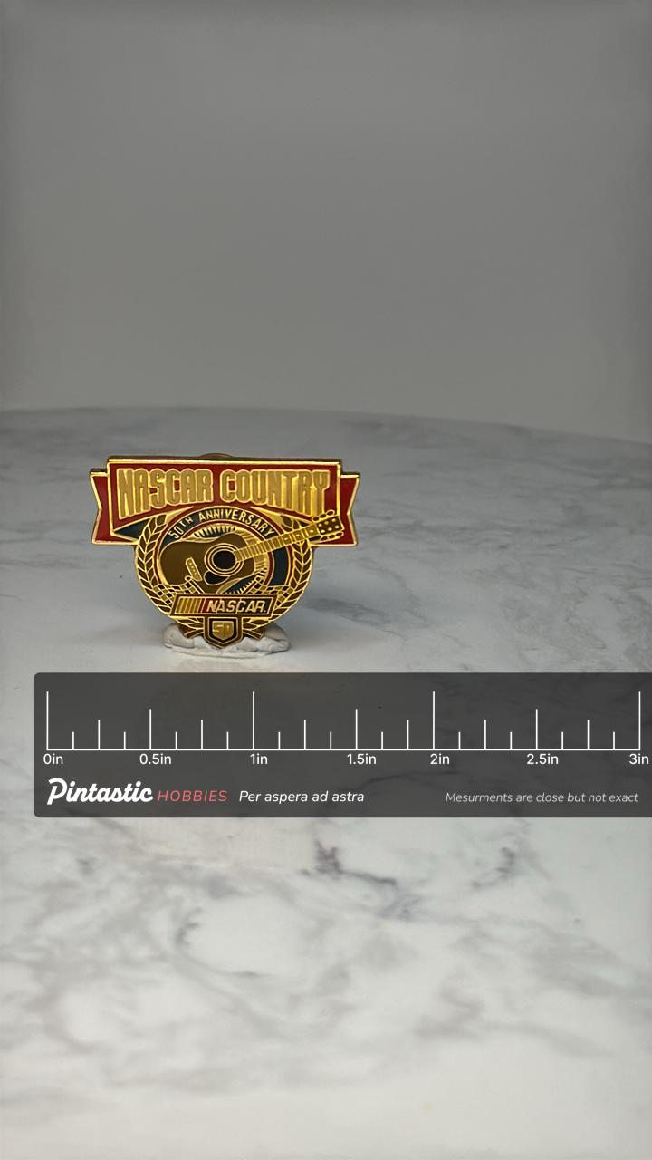 NASCAR Country Lapel Pin: Gold Tone Enamel - 50th Anniversary with ruler overlay for size reference
