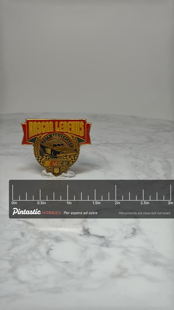 NASCAR Legends Lapel Pin: Gold Enamel - 50th Anniversary Accessory with ruler overlay for size reference