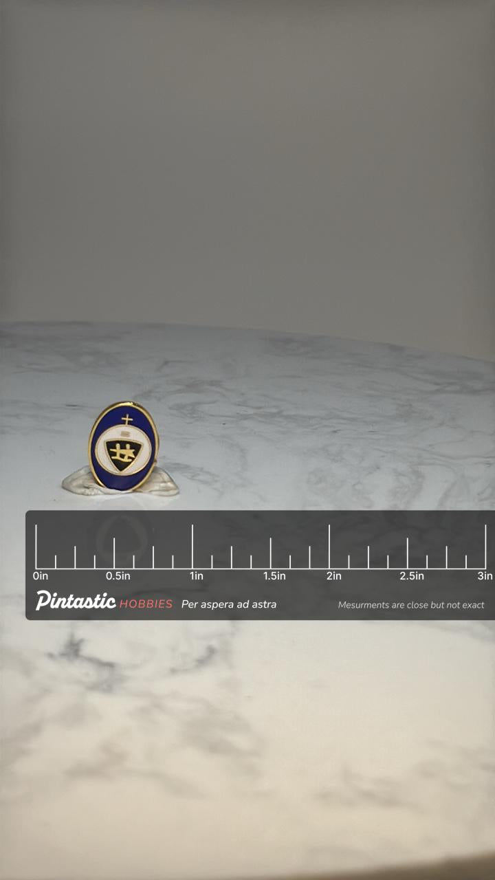Christian Church Crest Lapel Pin: Blue Gold Enamel - Religious Accessory with ruler overlay for size reference