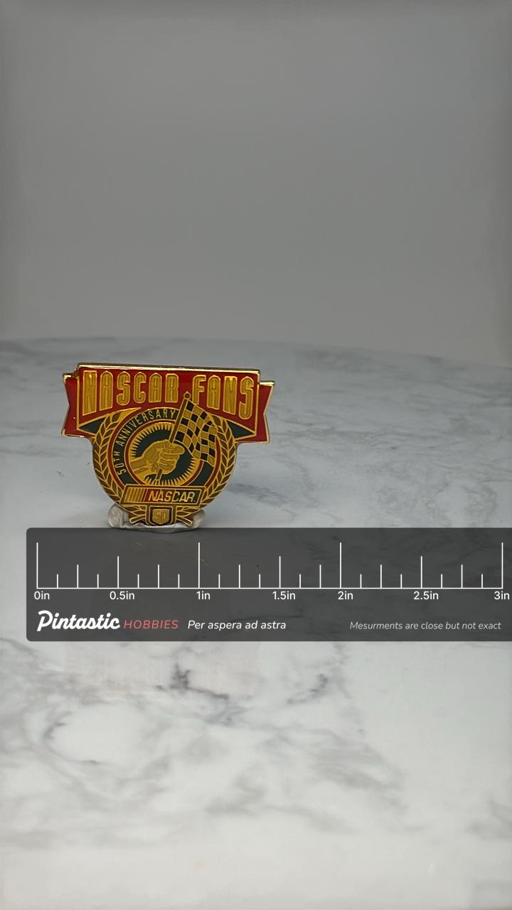 NASCAR Fans Anniversary Pin: Red Gold Enamel - 50th Racing with ruler overlay for size reference