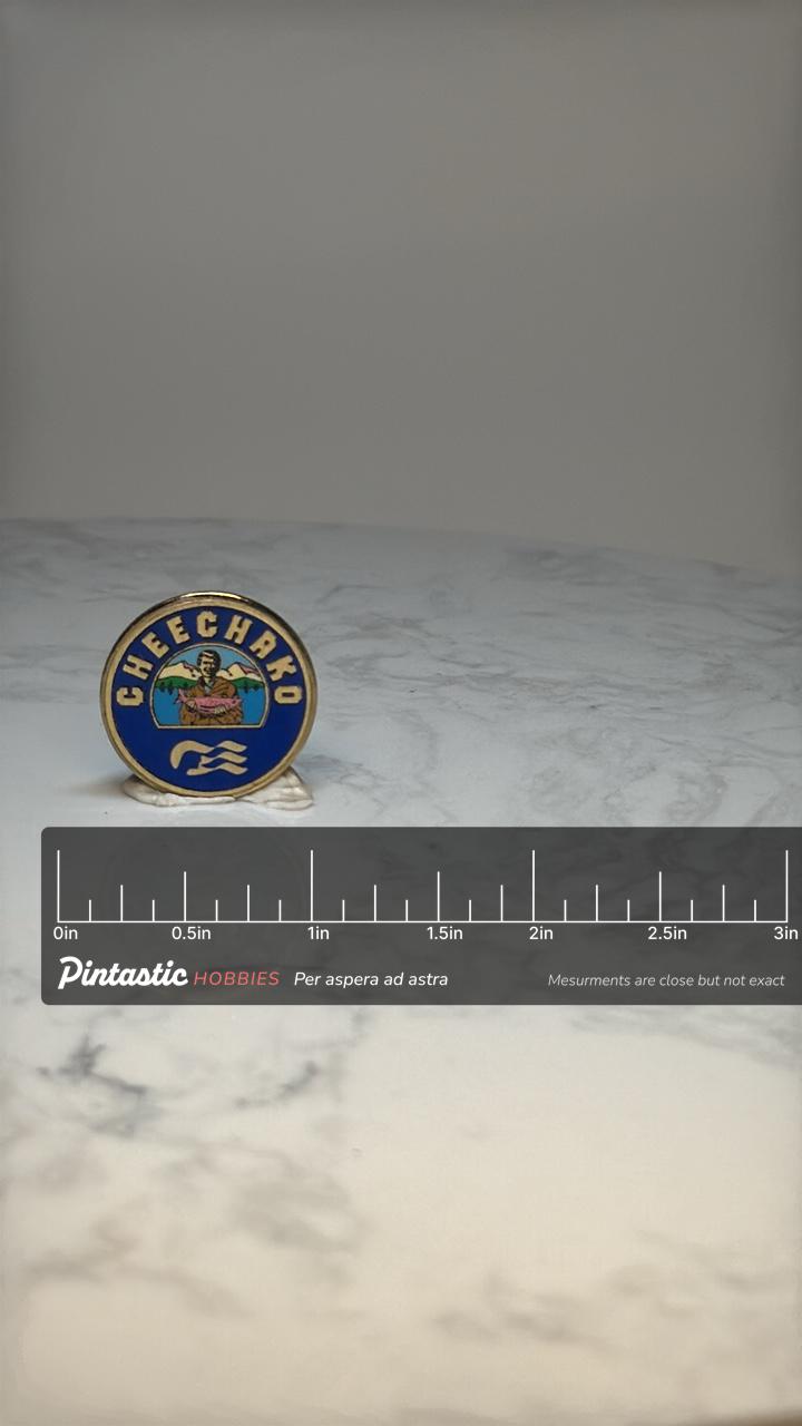 Cheechako Alaska Enamel Pin: Blue Gold Tone - Vintage Travel with ruler overlay for size reference