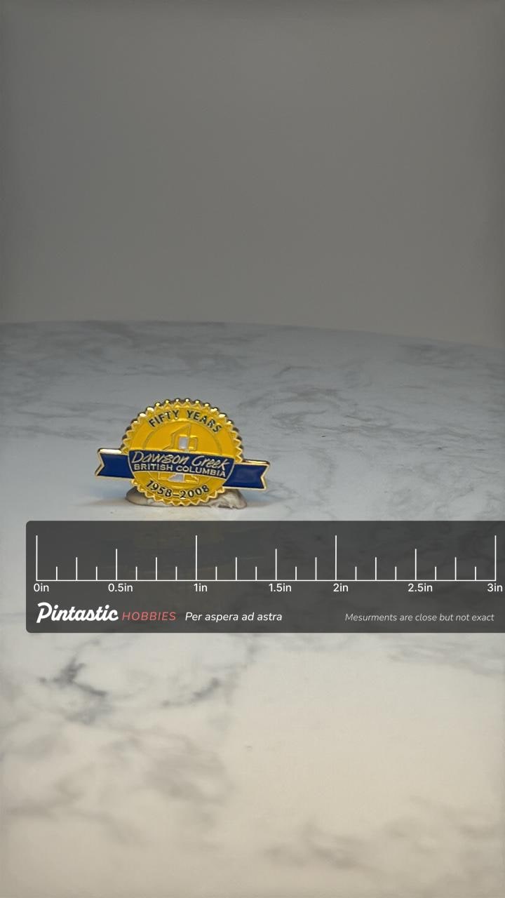 Dawson Creek BC Anniversary Pin: Gold Tone Enamel - 50 Year Commemorative Accessory with ruler overlay for size reference