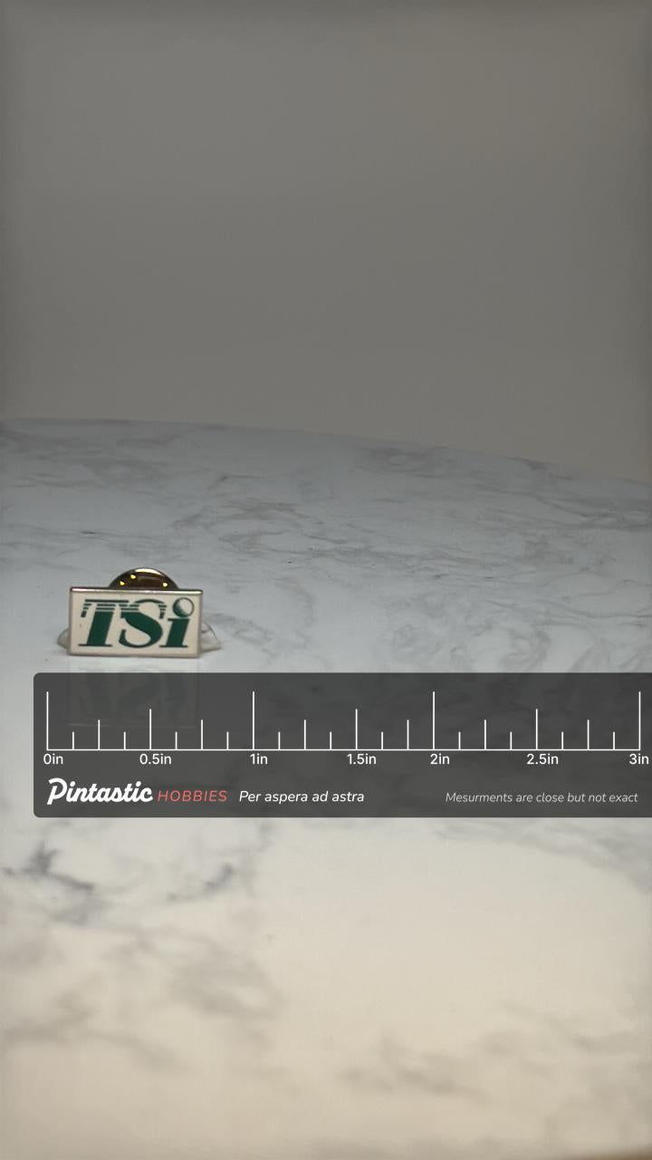 TSi Events Logo Lapel Pin Corporate Event Staff Enamel Pin with ruler overlay for size reference