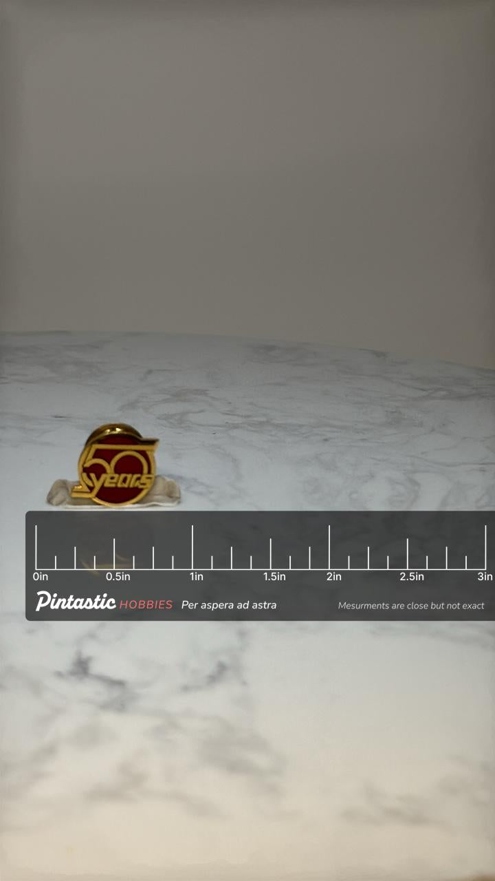 50 Years Anniversary Lapel Pin: Gold Red Enamel - Service Award with ruler overlay for size reference