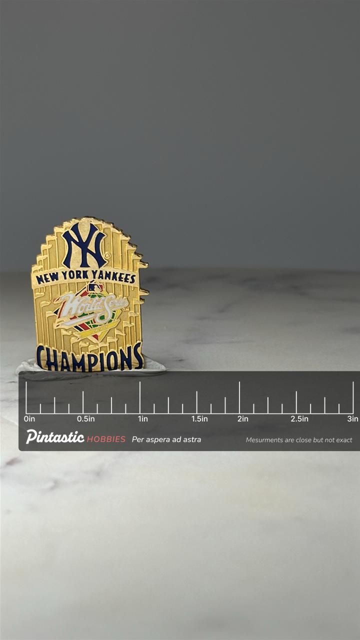 New York Yankees World Series Pin: Gold Tone - 1998 Champions Accessory with ruler overlay for size reference