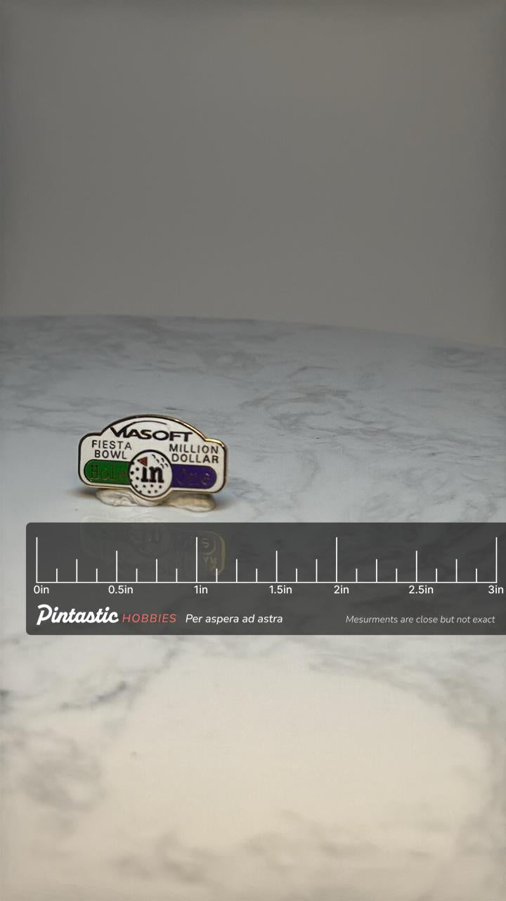 VASOFT Fiesta Bowl Golf Pin: White Enamel - 1990s Sports Accessory with ruler overlay for size reference