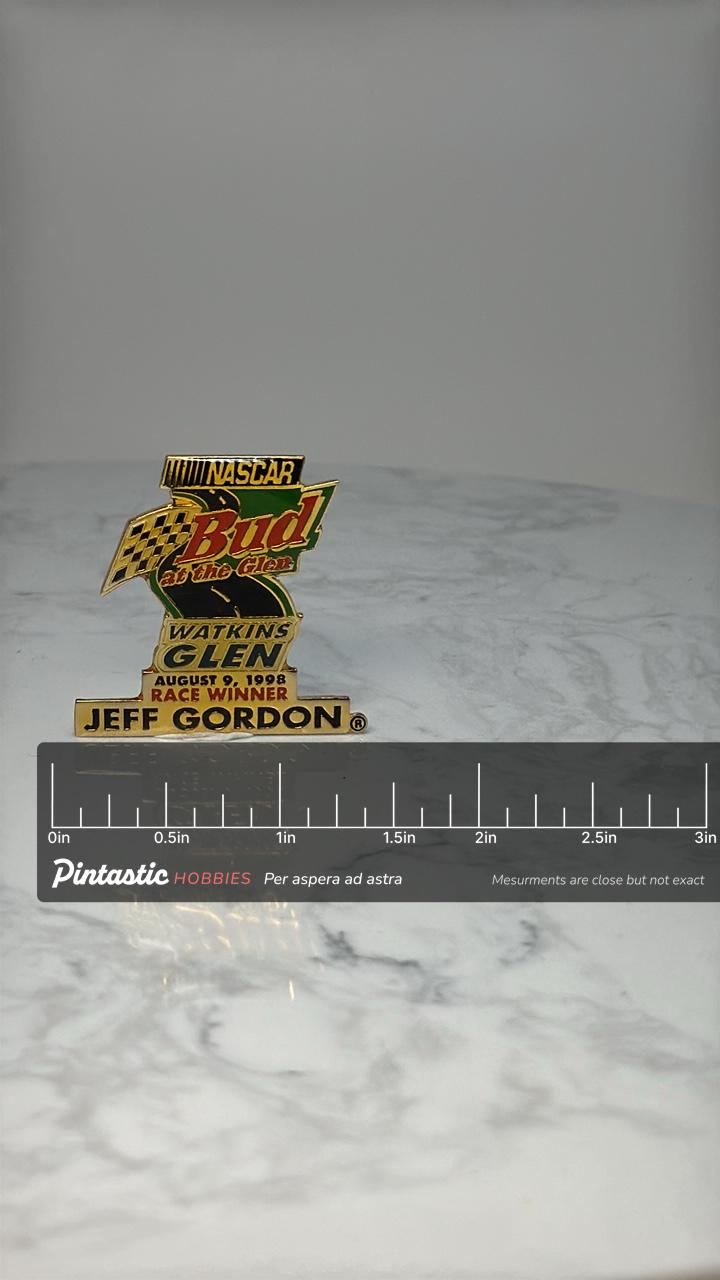 NASCAR Bud at the Glen Pin: Gold Enamel - 1998 Race Winner with ruler overlay for size reference