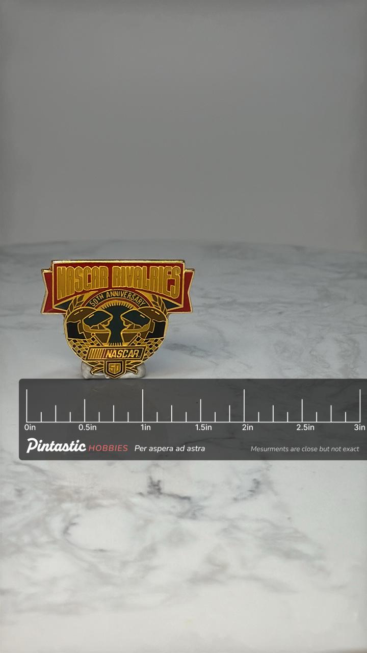 NASCAR Rivalries Lapel Pin: Gold Tone Enamel - 50th Anniversary Accessory with ruler overlay for size reference