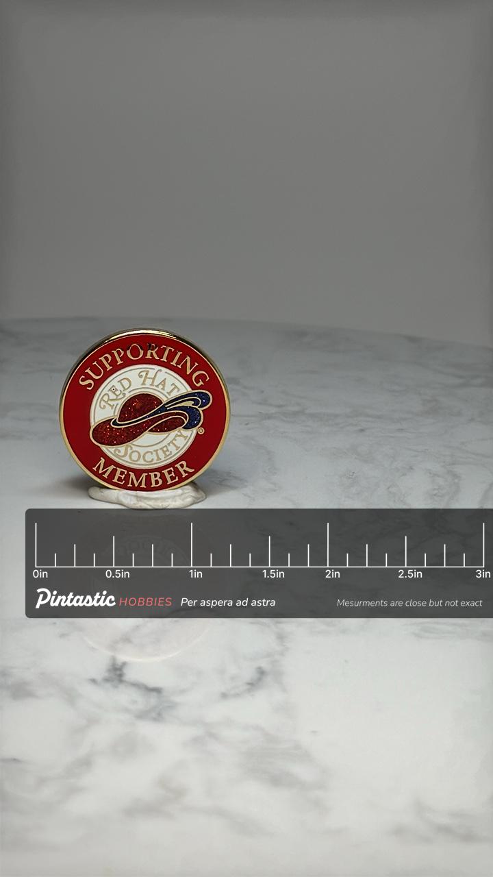 Red Hat Society Member Enamel Pin: Red Glitter Gold Tone - Fraternal Accessory with ruler overlay for size reference