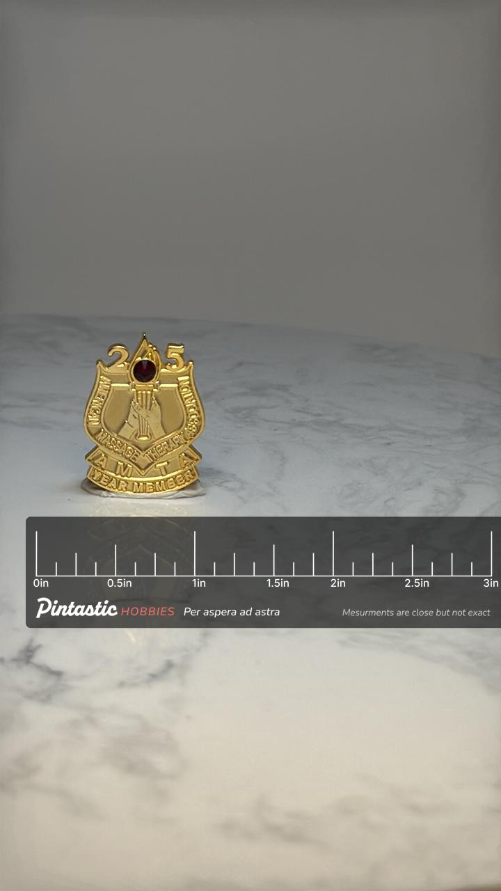 AMTA 25 Year Member Pin American Massage Therapy Association Gold Tone Lapel Pin with ruler overlay for size reference