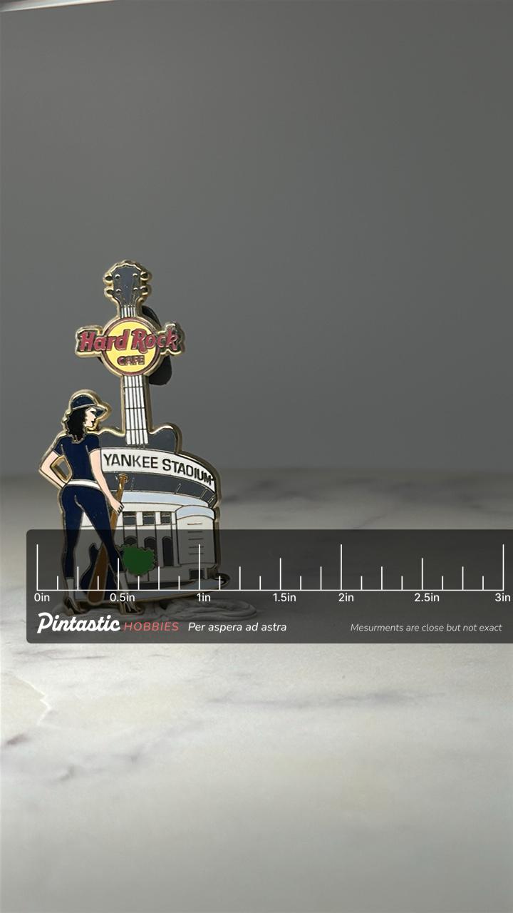 Hard Rock Cafe Yankee Stadium Pin: Enamel Guitar - Sports Souvenir with ruler overlay for size reference