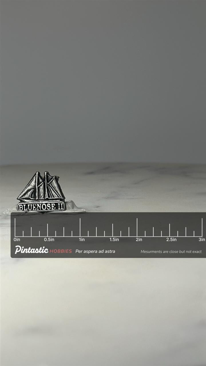 Bluenose II Schooner Pin: Silver Tone - Nautical Maritime Accessory with ruler overlay for size reference