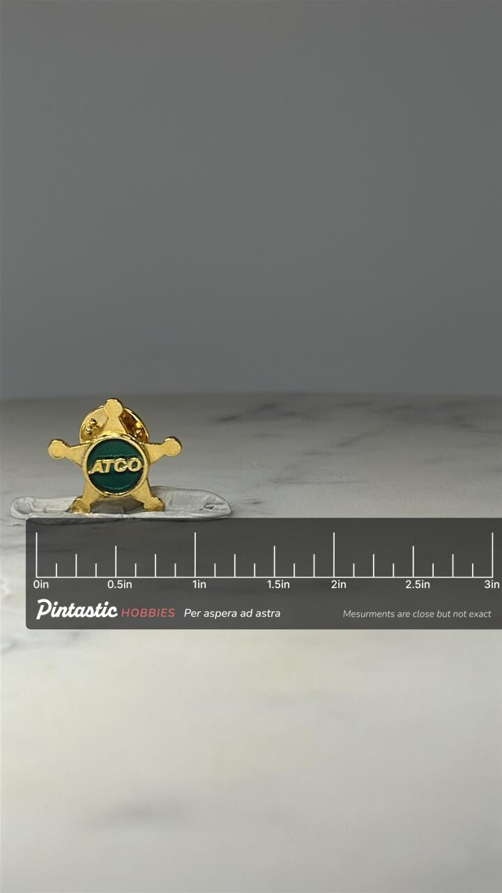 Vintage ATCO Group Advertising Enamel Lapel Pin Gold Tone Corporate Promo Pin with ruler overlay for size reference