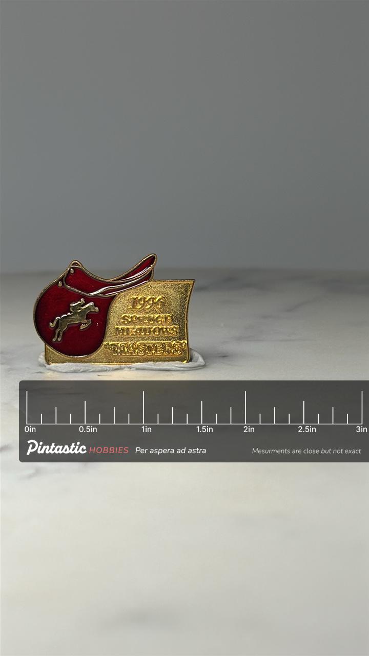 1996 Spruce Meadows Equestrian Pin: Red Enamel - Horse Show Accessory with ruler overlay for size reference