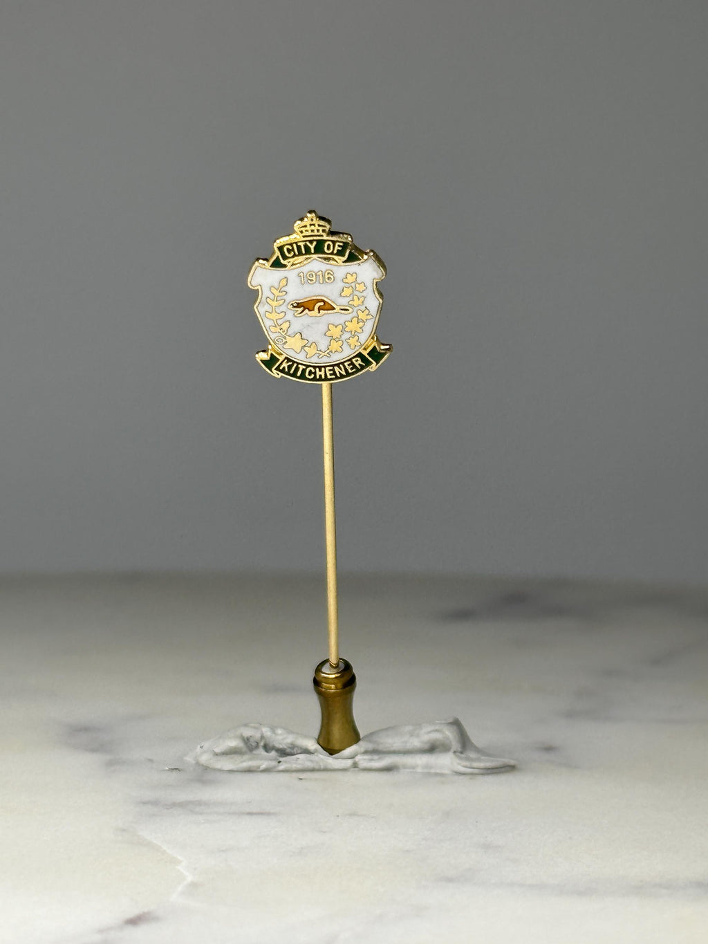 City of Kitchener Crest Stick Pin: Green Enamel - 1916 City Souvenir
