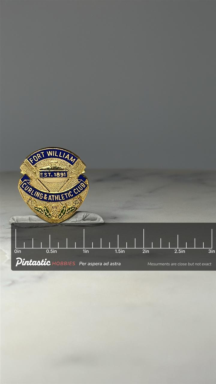 Fort William Curling Club Pin: Gold & Blue Enamel - Est 1891 with ruler overlay for size reference