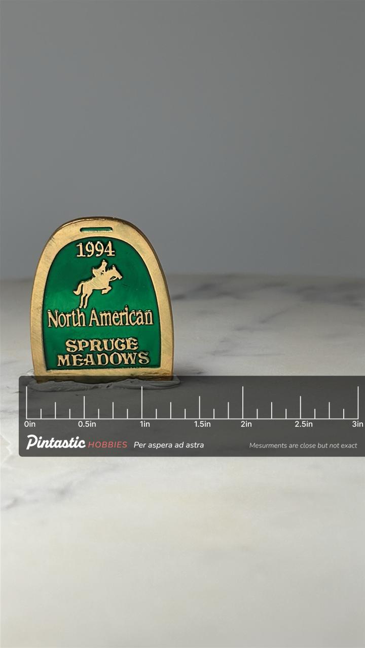 1994 Spruce Meadows Equestrian Pin: Green Gold - Horse Show with ruler overlay for size reference