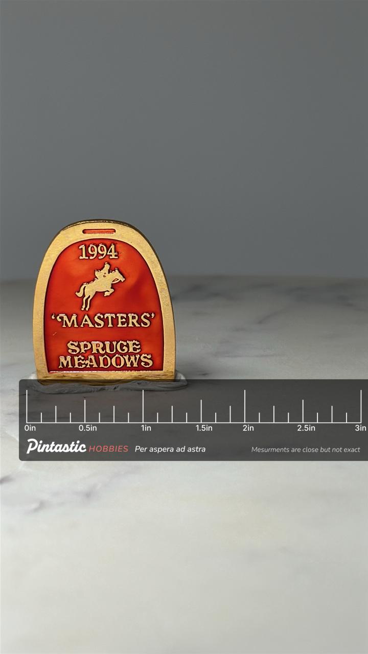 1994 Masters Spruce Meadows Pin: Red Gold Enamel - Equestrian Accessory with ruler overlay for size reference