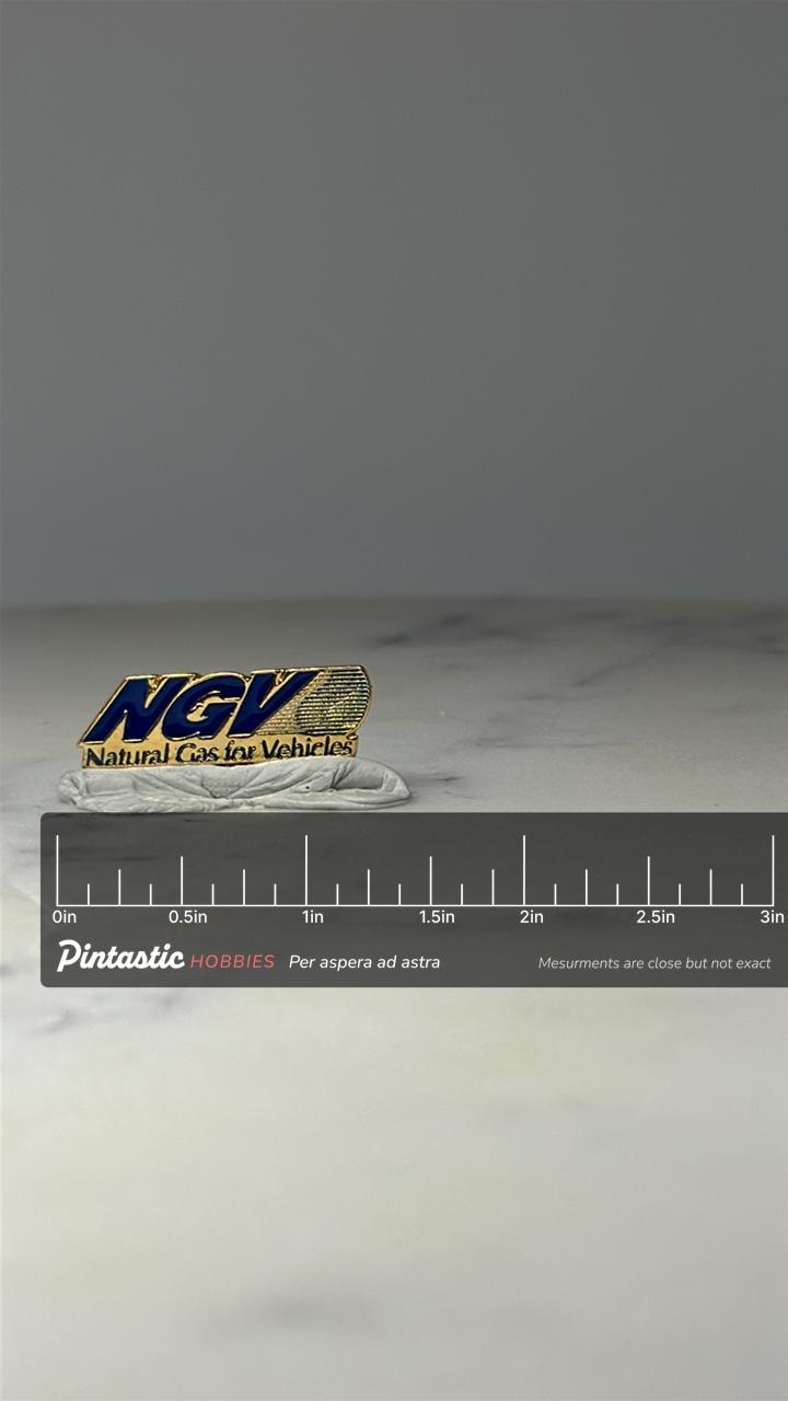 NGV Natural Gas Pin: Blue Gold Enamel - Energy Industry Accessory with ruler overlay for size reference