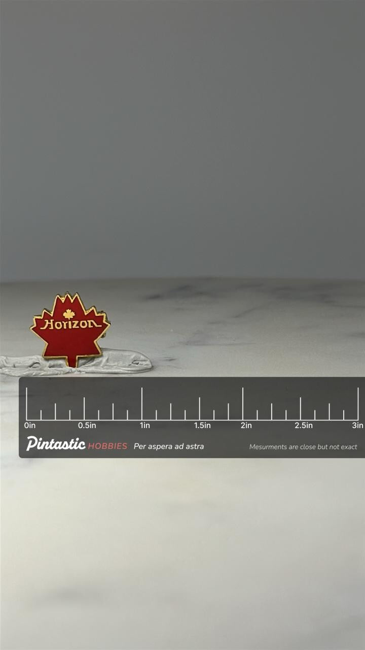 Horizon Canada Maple Leaf Pin: Red Enamel Gold Tone - Travel Souvenir with ruler overlay for size reference