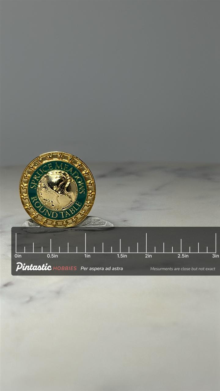 Spruce Meadows Round Table Lapel Pin: Gold Tone Enamel - Equestrian Accessory with ruler overlay for size reference