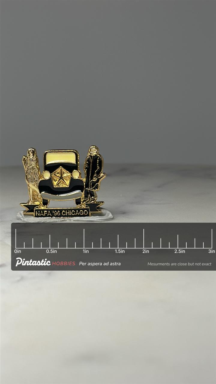 NAFA 96 Chicago Car Pin: Gold Tone Enamel - Automotive Event Accessory with ruler overlay for size reference