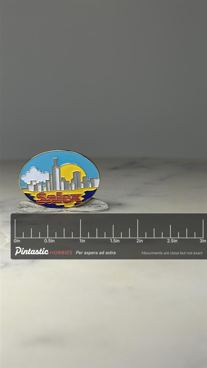 Vintage SALEX Chicago Skyline Pin Sales Expo Enamel Lapel Pin 1990s Corporate Event with ruler overlay for size reference