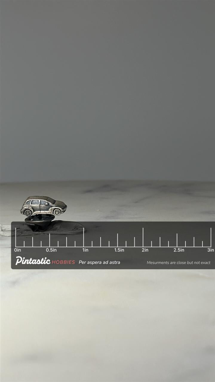 SUV Car Lapel Pin: Silver Tone 3D - Modern Automotive Accessory with ruler overlay for size reference