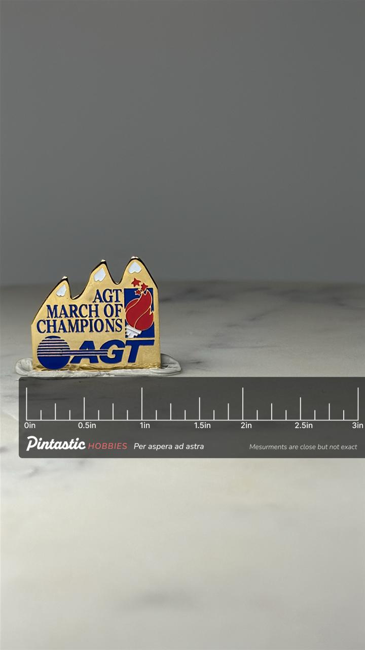 Vintage AGT March of Champions Enamel Lapel Pin Alberta Telecom Promotional Pin with ruler overlay for size reference