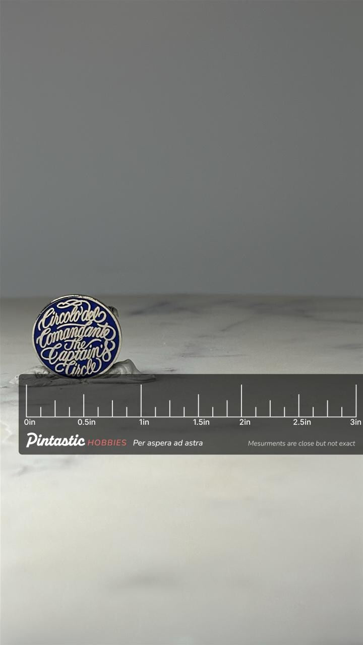 Vintage Captain’s Circle Cruise Line Enamel Lapel Pin Circolo del Comandante with ruler overlay for size reference