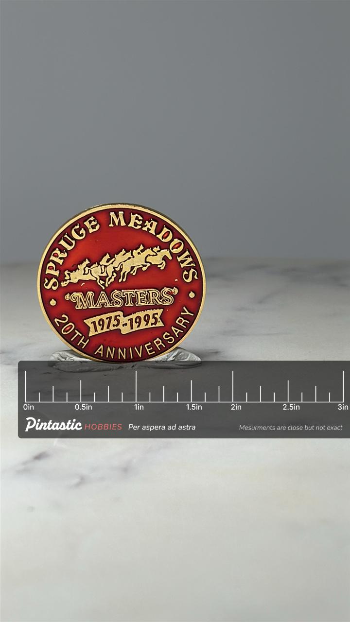 Spruce Meadows Masters Pin: Red Enamel - 20th Anniversary 1975–1995 with ruler overlay for size reference