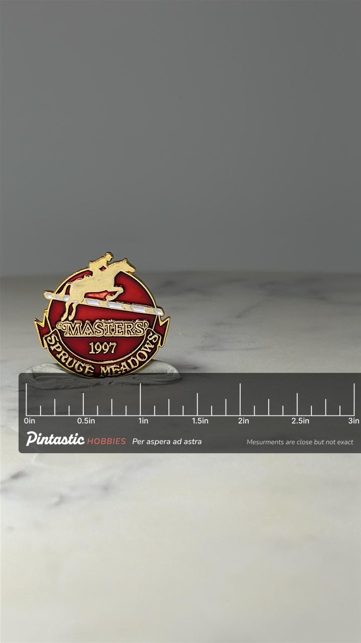 Spruce Meadows Masters 1997 Lapel Pin: Red Enamel - Equestrian Sport Accessory with ruler overlay for size reference