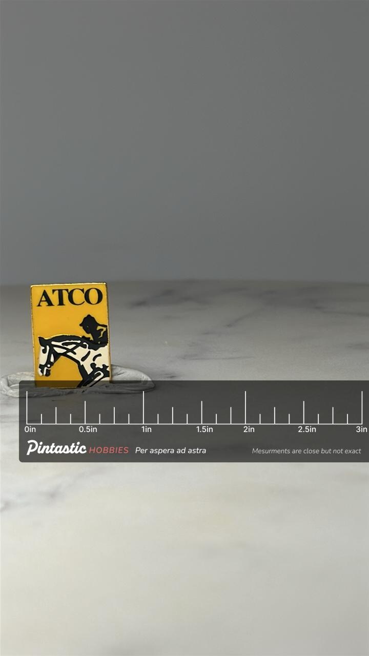 ATCO Equestrian Logo Lapel Pin: Yellow Enamel - Vintage Corporate with ruler overlay for size reference