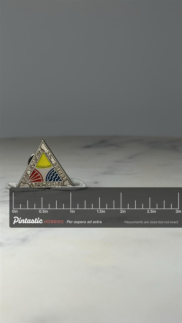 1994 AGT Mobility Triathlon Pin Vintage Triathlon Series 94 Enamel Lapel Pin with ruler overlay for size reference