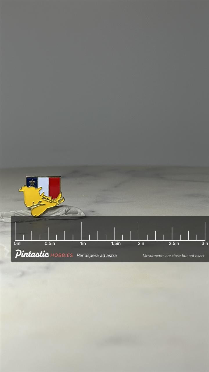 Acadian Flag Prince Edward Island Pin PEI Canada Souvenir Enamel Lapel Pin with ruler overlay for size reference