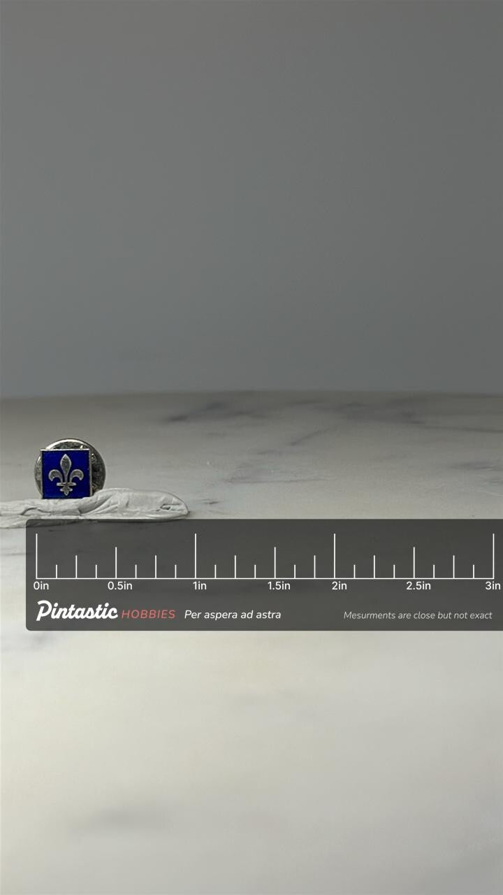Fleur de Lis Enamel Pin: Blue & Silver Tone - French Heraldry Accessory with ruler overlay for size reference