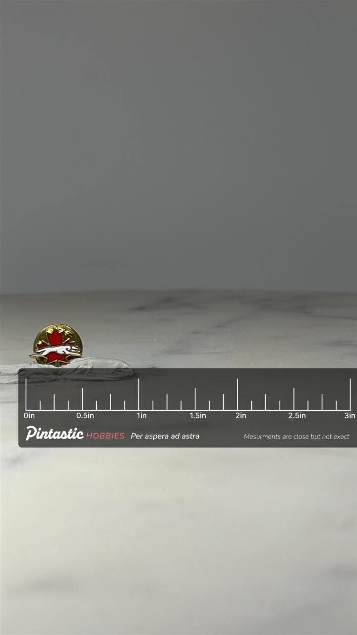 Greyhound Canada Flag Lapel Pin: Red Enamel Gold Tone - Travel with ruler overlay for size reference